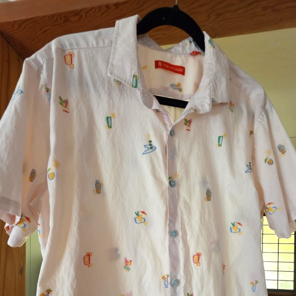 Tori Richard White Shirt with Colorful Retro COCKTAIL Tropical Print L
